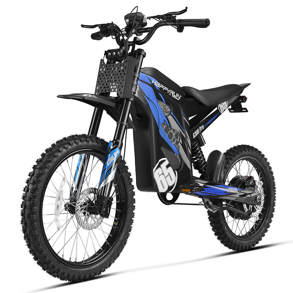 HappyRun G300 Pro 6500W peak motocross-format electric dirt bike: 50 mph top speed, 72V 30Ah battery, hydraulic 180/203mm disc brakes, inverted front fork, carbon steel frame, motocross-format tires, IPX5, off-road use only