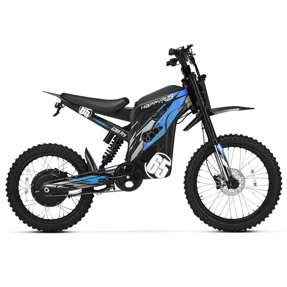 HappyRun G300 Pro 6500W peak motocross-format electric dirt bike: 50 mph top speed, 72V 30Ah battery, hydraulic 180/203mm disc brakes, inverted front fork, carbon steel frame, motocross-format tires, IPX5, off-road use only