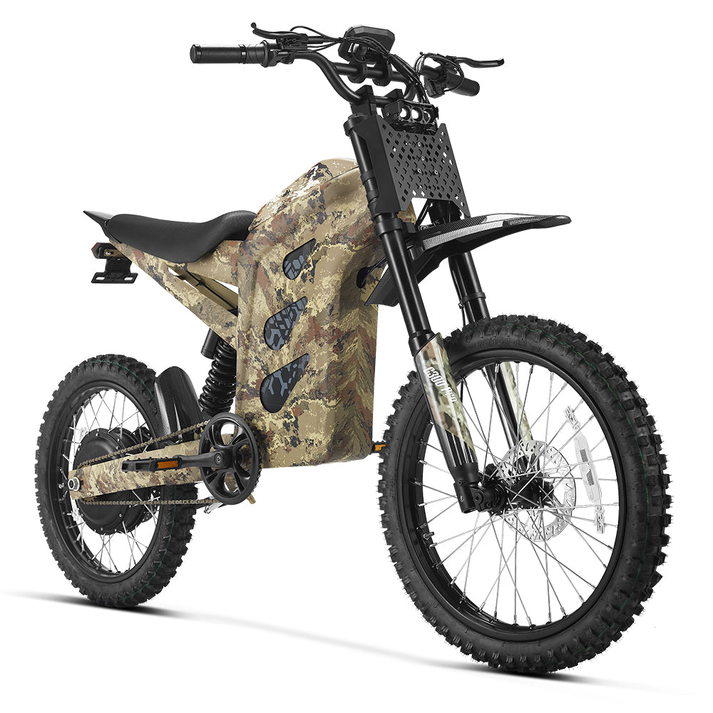 HappyRun G300 Pro 6500W peak motocross-format electric dirt bike: 50 mph top speed, 72V 30Ah battery, hydraulic 180/203mm disc brakes, inverted front fork, carbon steel frame, motocross-format tires, IPX5, off-road use only
