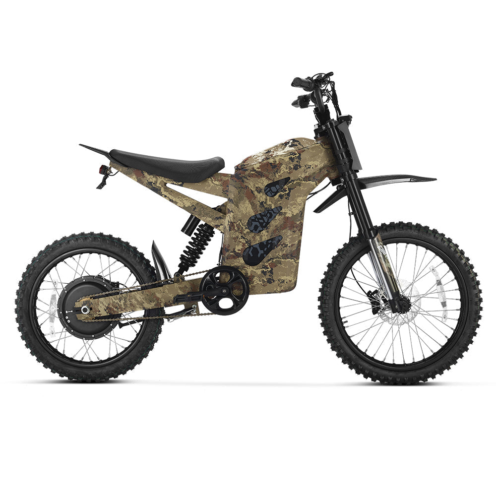 HappyRun G300 Pro 6500W peak motocross-format electric dirt bike: 50 mph top speed, 72V 30Ah battery, hydraulic 180/203mm disc brakes, inverted front fork, carbon steel frame, motocross-format tires, IPX5, off-road use only