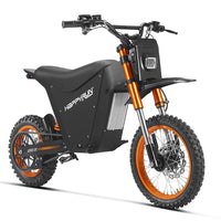 HappyRun G300 SE Mini mid-drive off-road electric dirt bike: 4500W peak mid-drive motor, 36 mph top speed, 1248Wh battery, hydraulic disc brakes with 190mm rotors, full suspension, 29-inch seat, 3'11" to 6'1" rider range, IPX5, carbon steel frame