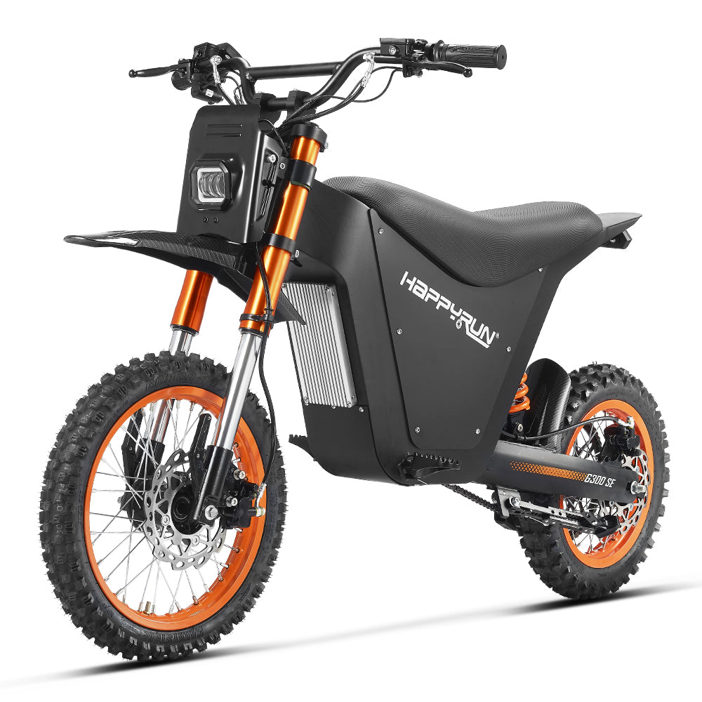 HappyRun G300 SE Mini mid-drive off-road electric dirt bike: 4500W peak mid-drive motor, 36 mph top speed, 1248Wh battery, hydraulic disc brakes with 190mm rotors, full suspension, 29-inch seat, 3'11" to 6'1" rider range, IPX5, carbon steel frame