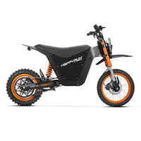 HappyRun G300 SE Mini mid-drive off-road electric dirt bike: 4500W peak mid-drive motor, 36 mph top speed, 1248Wh battery, hydraulic disc brakes with 190mm rotors, full suspension, 29-inch seat, 3'11" to 6'1" rider range, IPX5, carbon steel frame