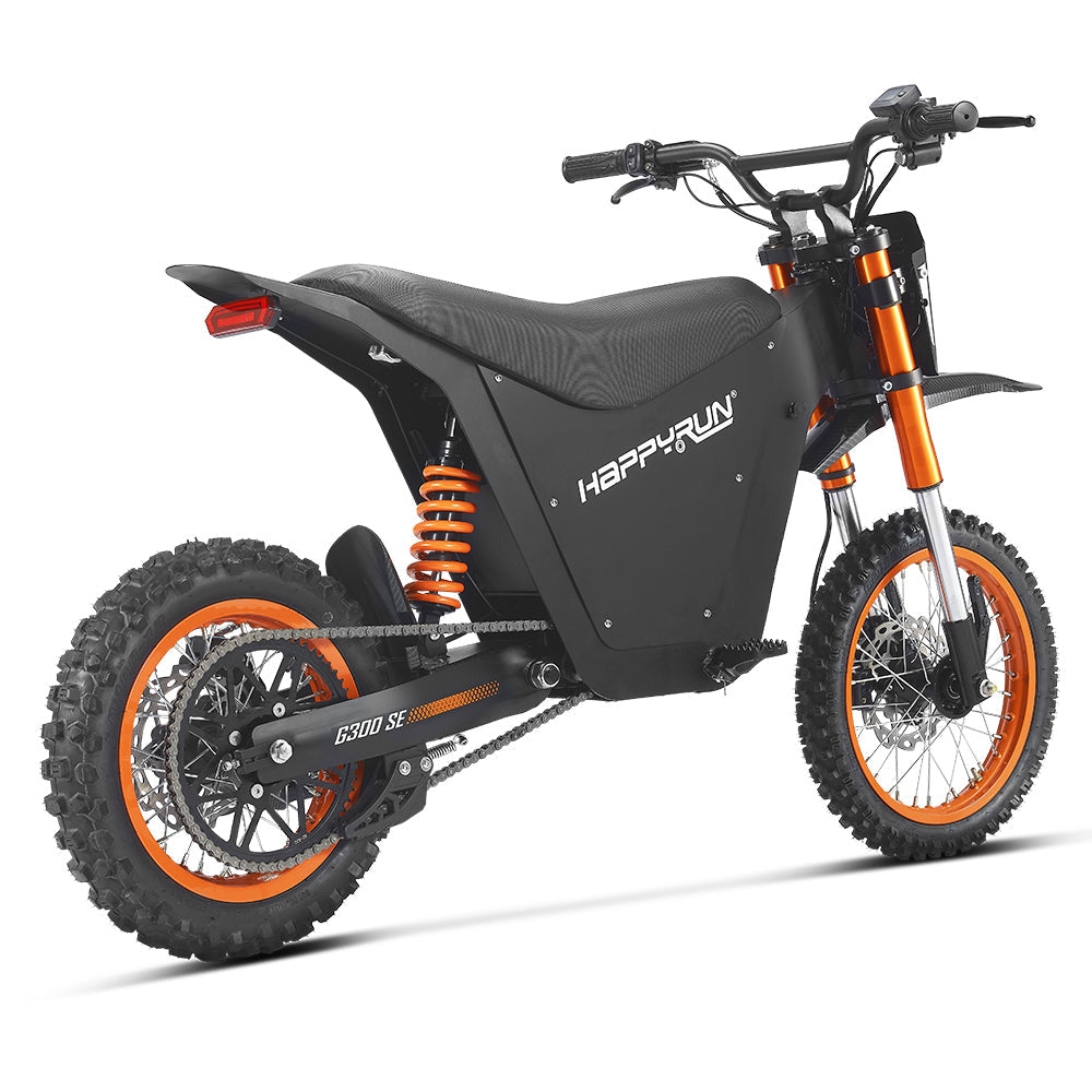 HappyRun G300 SE Mini mid-drive off-road electric dirt bike: 4500W peak mid-drive motor, 36 mph top speed, 1248Wh battery, hydraulic disc brakes with 190mm rotors, full suspension, 29-inch seat, 3'11" to 6'1" rider range, IPX5, carbon steel frame
