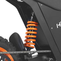 HappyRun G300 SE Mini mid-drive off-road electric dirt bike: 4500W peak mid-drive motor, 36 mph top speed, 1248Wh battery, hydraulic disc brakes with 190mm rotors, full suspension, 29-inch seat, 3'11" to 6'1" rider range, IPX5, carbon steel frame