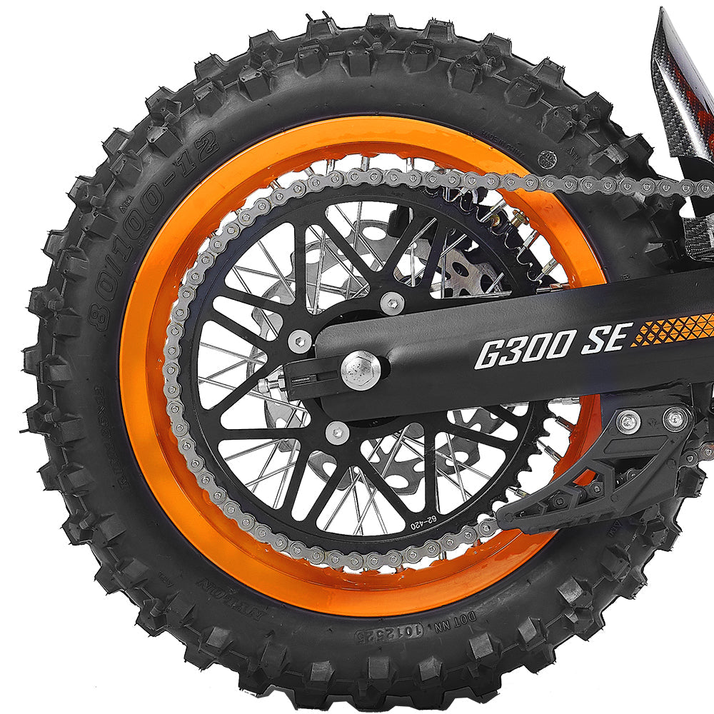HappyRun G300 SE Mini mid-drive off-road electric dirt bike: 4500W peak mid-drive motor, 36 mph top speed, 1248Wh battery, hydraulic disc brakes with 190mm rotors, full suspension, 29-inch seat, 3'11" to 6'1" rider range, IPX5, carbon steel frame