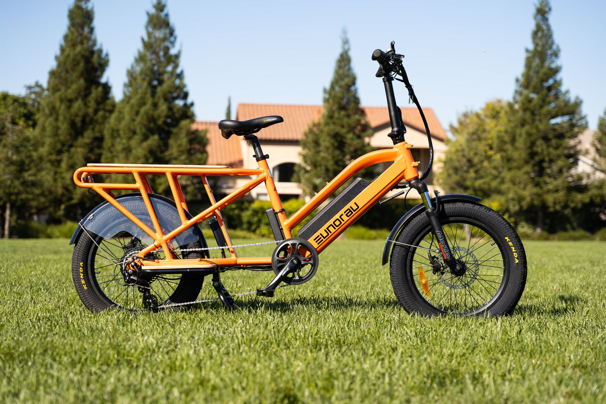 Yellow EUNORAU G30-CARGO electric cargo bike, full side profile