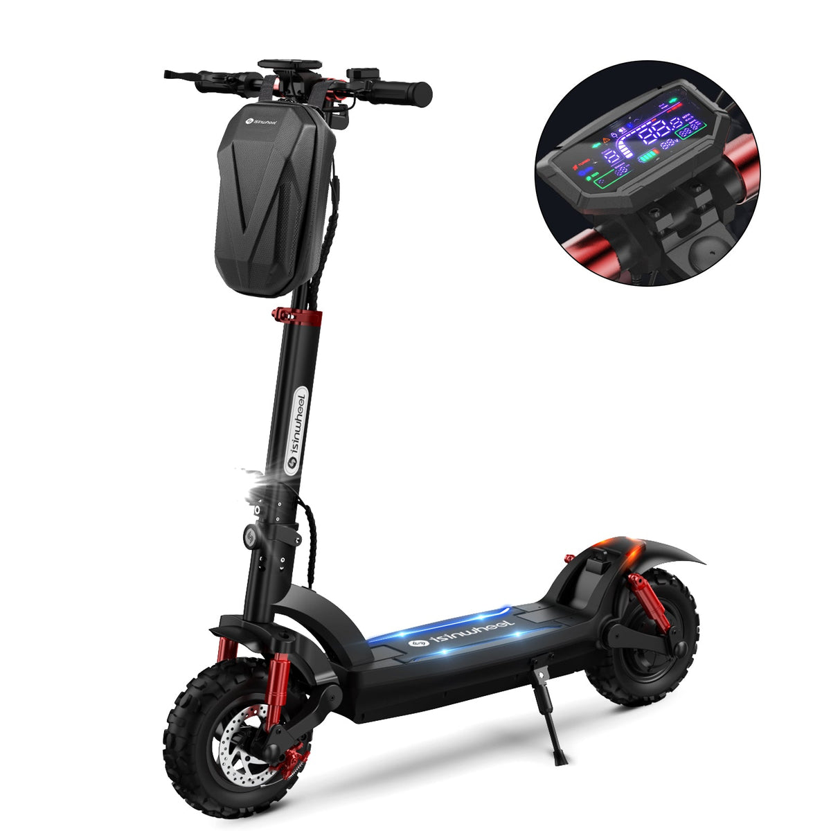 GT2 with handlebar bag beside inset views of the color display and rear lighting