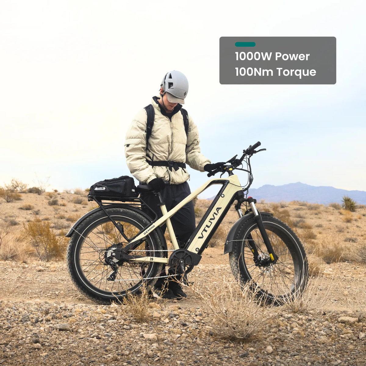 VTUVIA Gemini 1000W electric bike three-quarter view with fat tires and rear rack