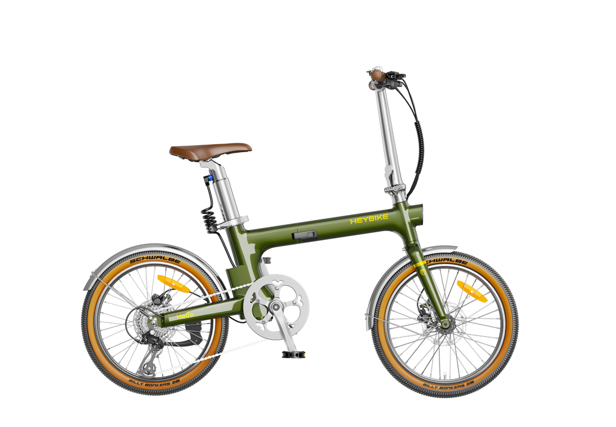 Heybike Helio F 40 lb lightweight folding commuter e-bike: 36V 250W (peak 500W) hub motor, torque sensor, 360Wh battery, 20 mph Class 2, X-Fold system, vintage frame, UL 2849