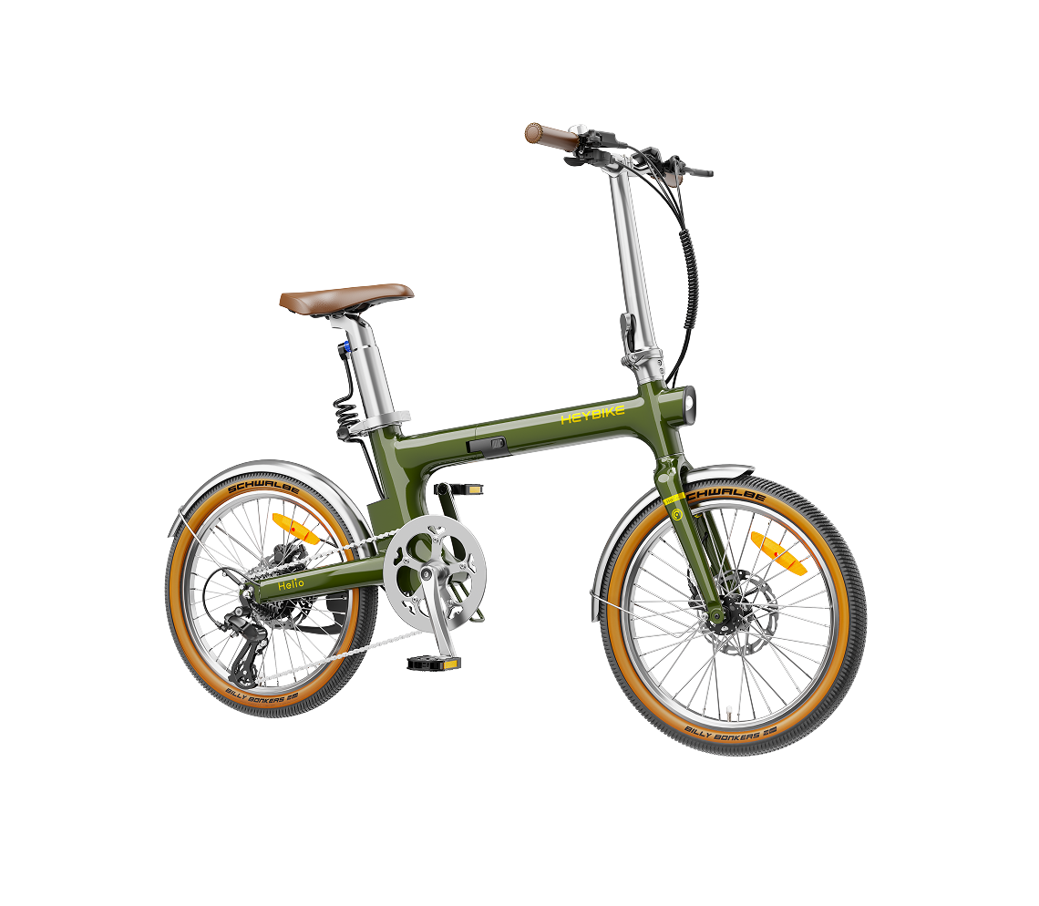 Heybike Helio F 40 lb lightweight folding commuter e-bike: 36V 250W (peak 500W) hub motor, torque sensor, 360Wh battery, 20 mph Class 2, X-Fold system, vintage frame, UL 2849