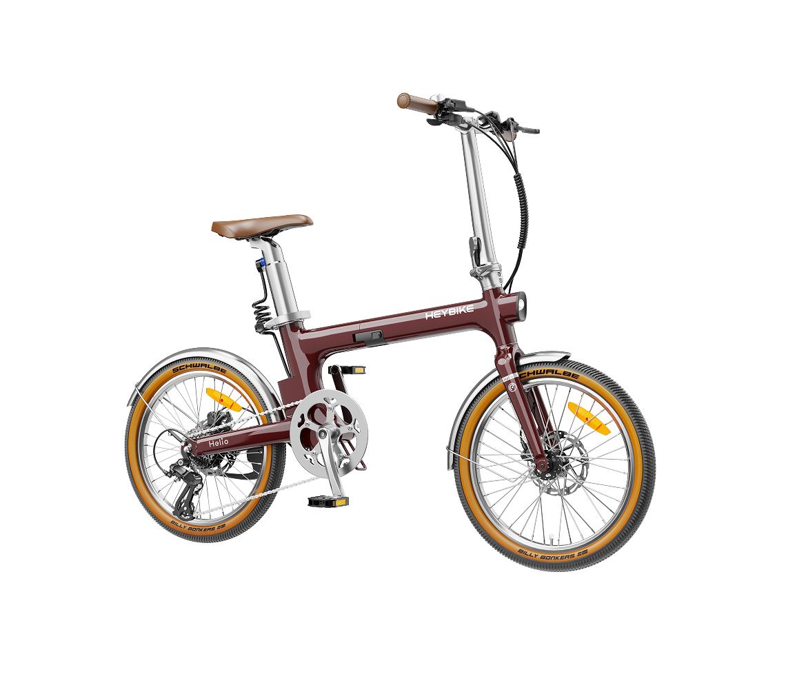 Heybike Helio F 40 lb lightweight folding commuter e-bike: 36V 250W (peak 500W) hub motor, torque sensor, 360Wh battery, 20 mph Class 2, X-Fold system, vintage frame, UL 2849