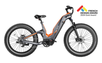 Heybike Hero carbon-fiber full-suspension fat-tire electric mountain bike with two motor configurations (1000W rear hub or 750W mid-drive with torque sensor), step-thru or step-over frame geometry, Shimano 9-speed gearing, hydraulic disc brakes, and UL 2849 certified electrical system