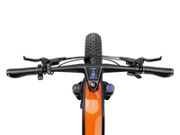 Side studio view of the Heybike Hero in Tangerine showing the integrated downtube battery, step-thru frame geometry, rear suspension, fat tires, and rear hub motor configuration