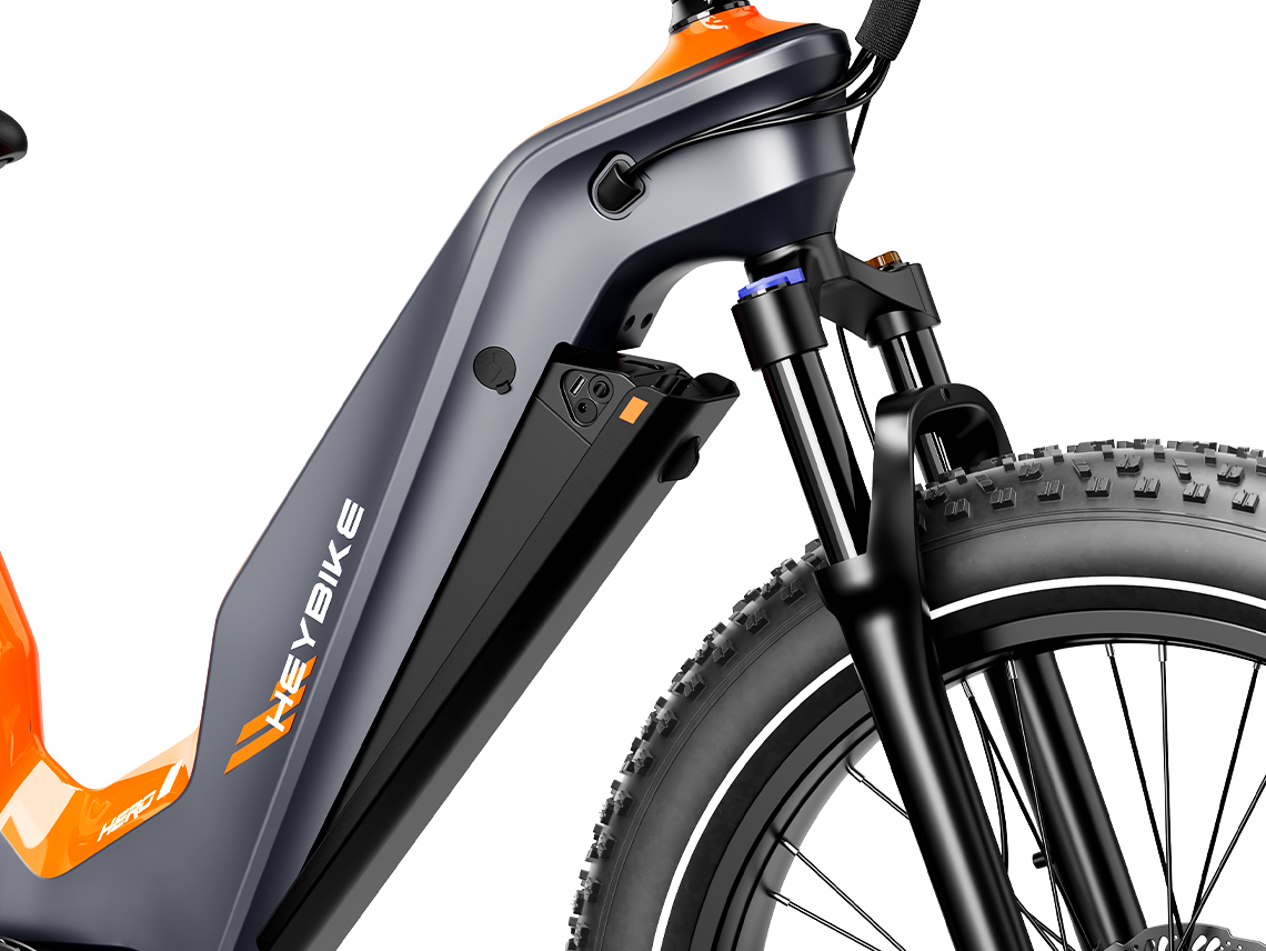 Detail view of the Heybike Hero downtube battery and the integrated battery lock with key visible at the side of the frame