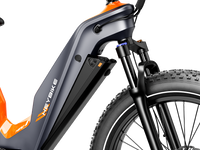 Detail view of the Heybike Hero downtube battery and the integrated battery lock with key visible at the side of the frame