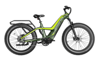 Heybike Hero carbon-fiber full-suspension fat-tire electric mountain bike with two motor configurations (1000W rear hub or 750W mid-drive with torque sensor), step-thru or step-over frame geometry, Shimano 9-speed gearing, hydraulic disc brakes, and UL 2849 certified electrical system