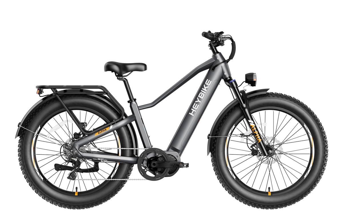 Heybike Alpha 500W mid-drive fat-tire all-terrain electric bike with a torque-plus-cadence sensor, Shimano Altus 8-speed drivetrain, hydraulic disc brakes, 26 by 4 inch fat tires, reinforced aluminum frame in step-through (Pearl White) or step-over (Galaxy Black) configuration, 680Wh battery, and UL 2849 certified electrical system