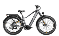 Heybike Alpha 500W mid-drive fat-tire all-terrain electric bike with a torque-plus-cadence sensor, Shimano Altus 8-speed drivetrain, hydraulic disc brakes, 26 by 4 inch fat tires, reinforced aluminum frame in step-through (Pearl White) or step-over (Galaxy Black) configuration, 680Wh battery, and UL 2849 certified electrical system