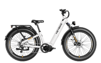 Heybike Alpha 500W mid-drive fat-tire all-terrain electric bike with a torque-plus-cadence sensor, Shimano Altus 8-speed drivetrain, hydraulic disc brakes, 26 by 4 inch fat tires, reinforced aluminum frame in step-through (Pearl White) or step-over (Galaxy Black) configuration, 680Wh battery, and UL 2849 certified electrical system
