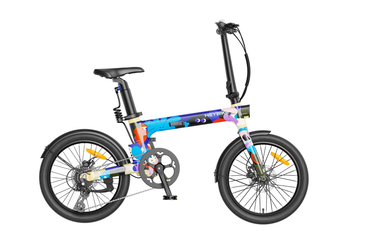 Heybike Helio F 40 lb lightweight folding commuter e-bike: 36V 250W (peak 500W) hub motor, torque sensor, 360Wh battery, 20 mph Class 2, X-Fold system, vintage frame, UL 2849