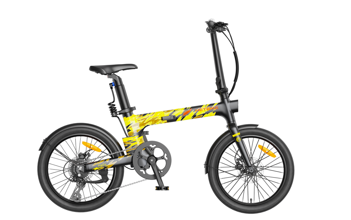 Heybike Helio F 40 lb lightweight folding commuter e-bike: 36V 250W (peak 500W) hub motor, torque sensor, 360Wh battery, 20 mph Class 2, X-Fold system, vintage frame, UL 2849