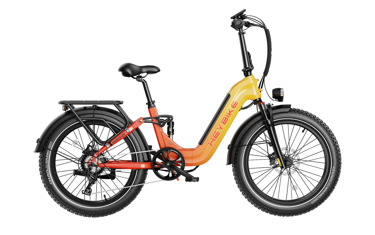 Heybike Horizon 24-inch full-suspension folding fat-tire e-bike: 750W (1400W peak) rear hub motor, 692Wh battery, 24x4 fat tires, hydraulic disc brakes, Shimano 7-speed, aluminum-alloy low-step folding frame, UL 2849 certified, four color options