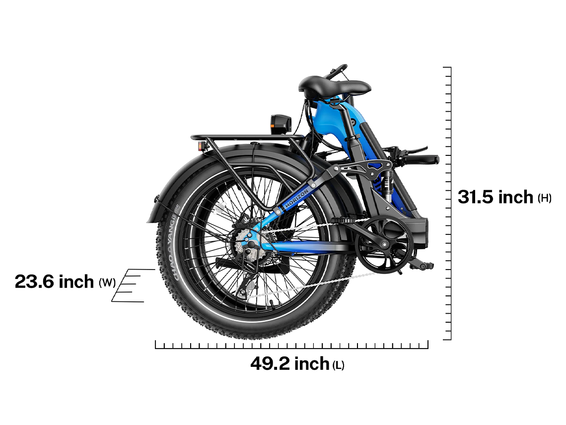 Heybike Horizon 24-inch full-suspension folding fat-tire e-bike: 750W (1400W peak) rear hub motor, 692Wh battery, 24x4 fat tires, hydraulic disc brakes, Shimano 7-speed, aluminum-alloy low-step folding frame, UL 2849 certified, four color options