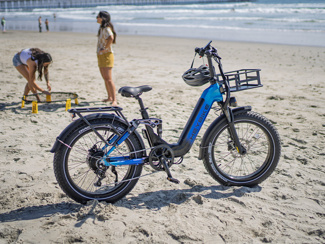 Heybike Horizon 24-inch full-suspension folding fat-tire e-bike: 750W (1400W peak) rear hub motor, 692Wh battery, 24x4 fat tires, hydraulic disc brakes, Shimano 7-speed, aluminum-alloy low-step folding frame, UL 2849 certified, four color options