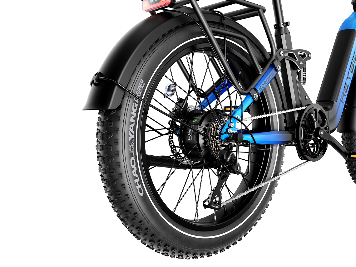 Heybike Horizon 24-inch full-suspension folding fat-tire e-bike: 750W (1400W peak) rear hub motor, 692Wh battery, 24x4 fat tires, hydraulic disc brakes, Shimano 7-speed, aluminum-alloy low-step folding frame, UL 2849 certified, four color options