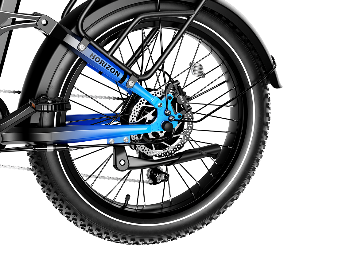 Heybike Horizon 24-inch full-suspension folding fat-tire e-bike: 750W (1400W peak) rear hub motor, 692Wh battery, 24x4 fat tires, hydraulic disc brakes, Shimano 7-speed, aluminum-alloy low-step folding frame, UL 2849 certified, four color options