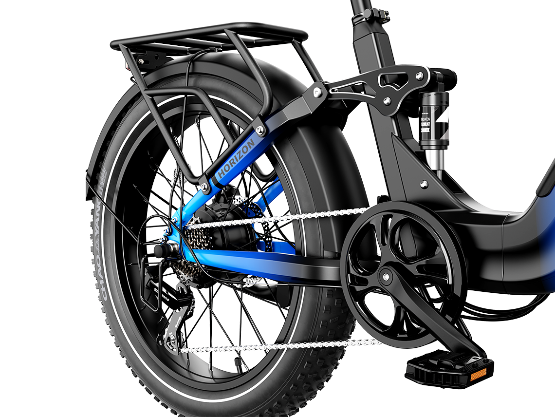 Heybike Horizon 24-inch full-suspension folding fat-tire e-bike: 750W (1400W peak) rear hub motor, 692Wh battery, 24x4 fat tires, hydraulic disc brakes, Shimano 7-speed, aluminum-alloy low-step folding frame, UL 2849 certified, four color options
