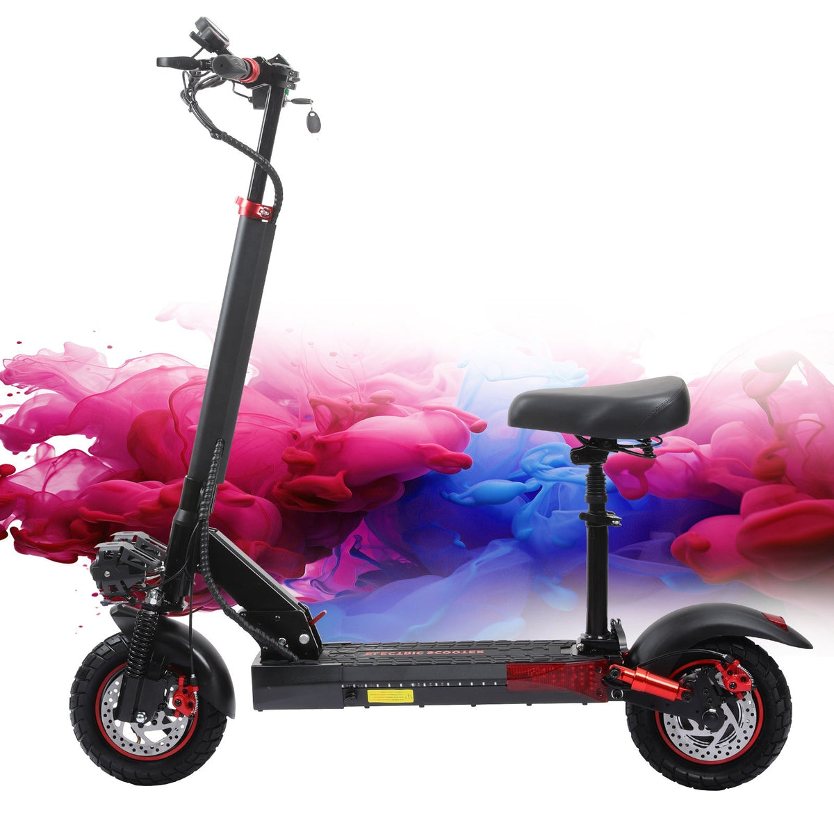 Black and red Freeboy J01 seated electric scooter in side profile