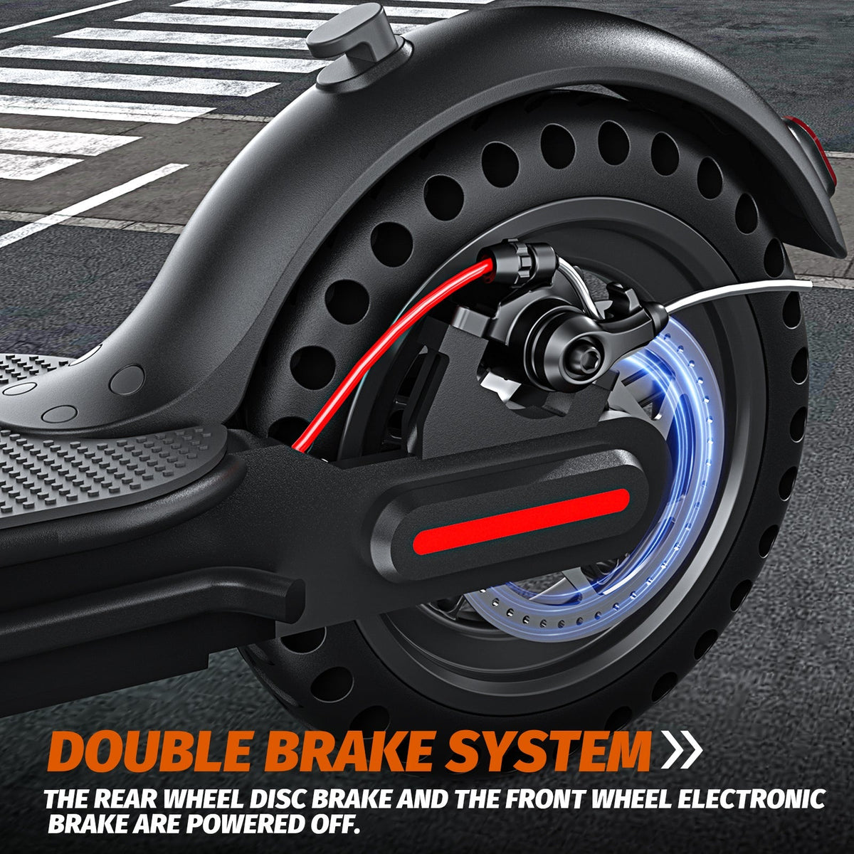 Freeboy J03 rear disc rotor and caliper close-up