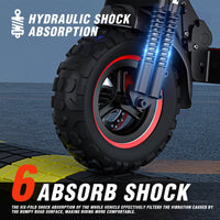 Freeboy J11 Plus front suspension and knobby tire graphic marked six shock absorption