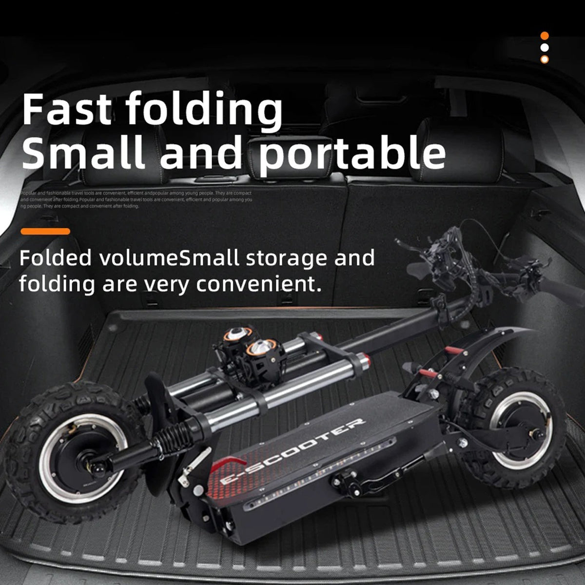 Folded Freeboy J30 MAX electric scooter shown in a vehicle cargo area