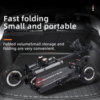 Folded Freeboy J30 MAX electric scooter shown in a vehicle cargo area