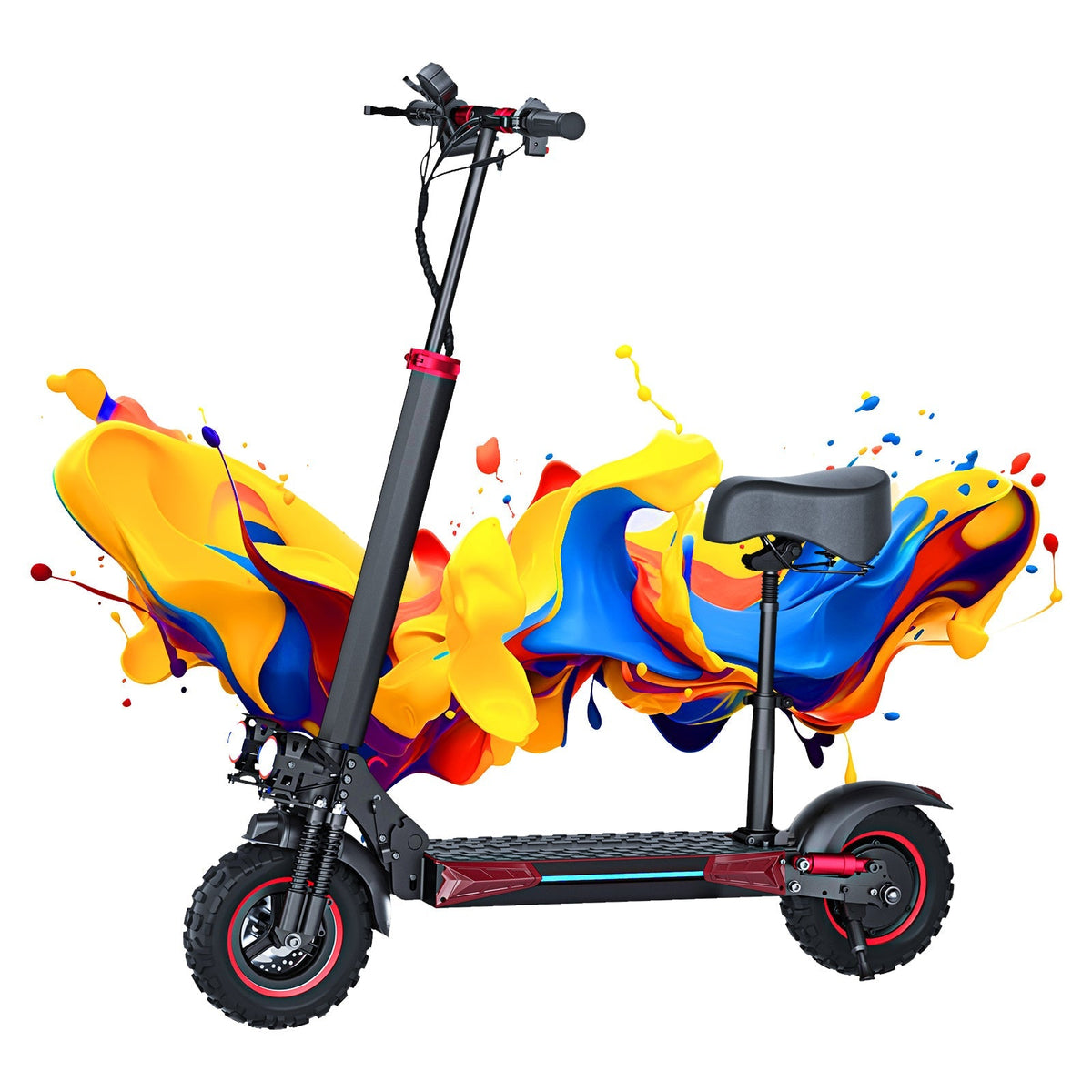 Freeboy J11 Plus seated folding electric scooter, black and red side profile with knobby tires