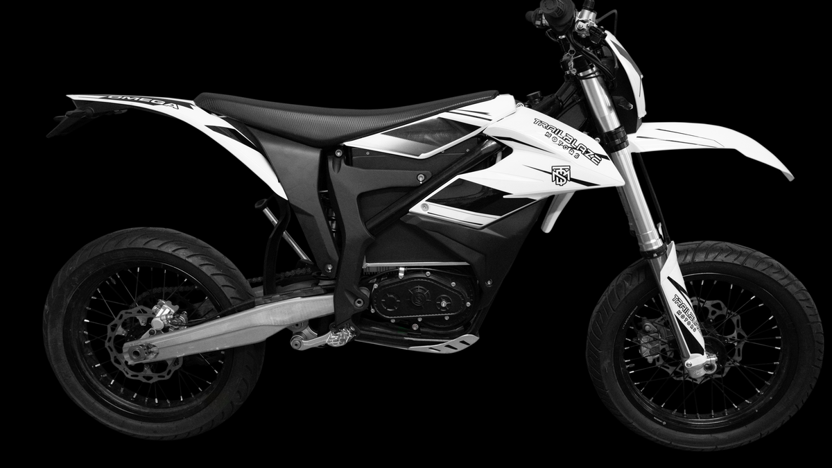Trailblaze Motors Omega SM electric supermoto in white, side profile