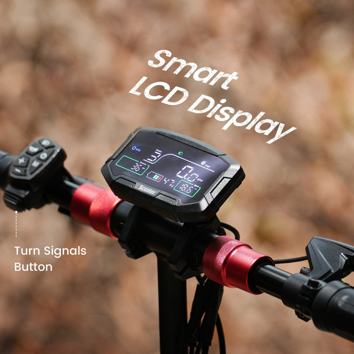 Close-up of the iScooter iX8 full-color LCD display reading 0 mph, 47.7V battery, mode D, mileage 18.5, with a separate red anodized turn-signals button on the left handlebar called out