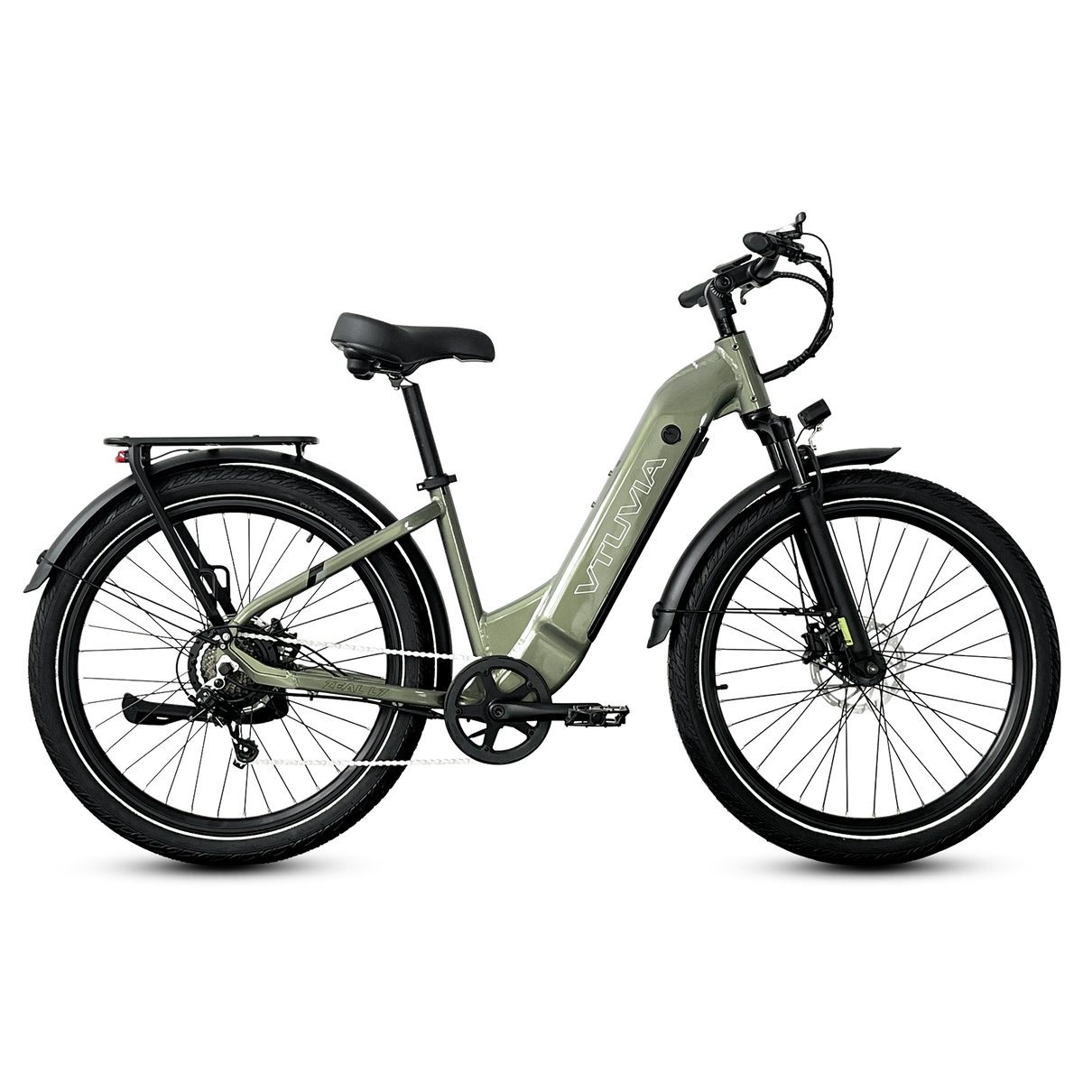 VTUVIA Zeal LT7 step-through electric bike in olive green, side view