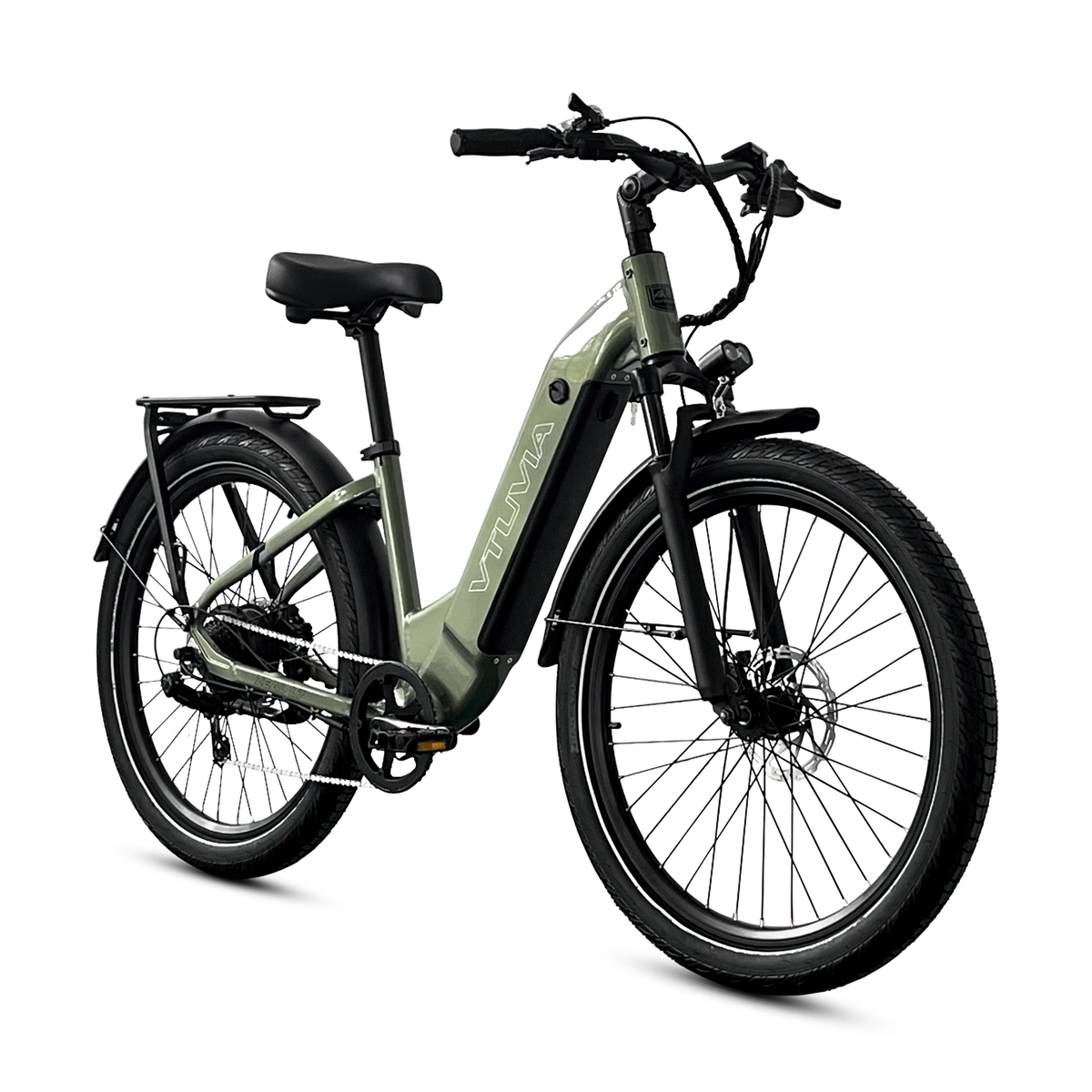 VTUVIA Zeal LT7 step-through electric bike in olive green, front angle