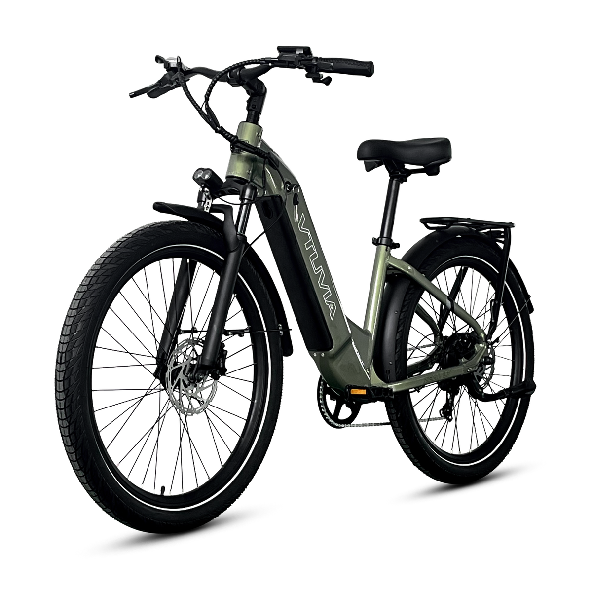 VTUVIA Zeal LT7 step-through electric bike in olive green, rear angle
