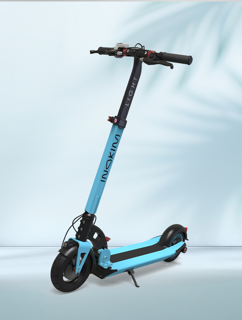 INOKIM Light 2 Super upright profile showing the slim deck, folding stem, and compact city-commuter stance.