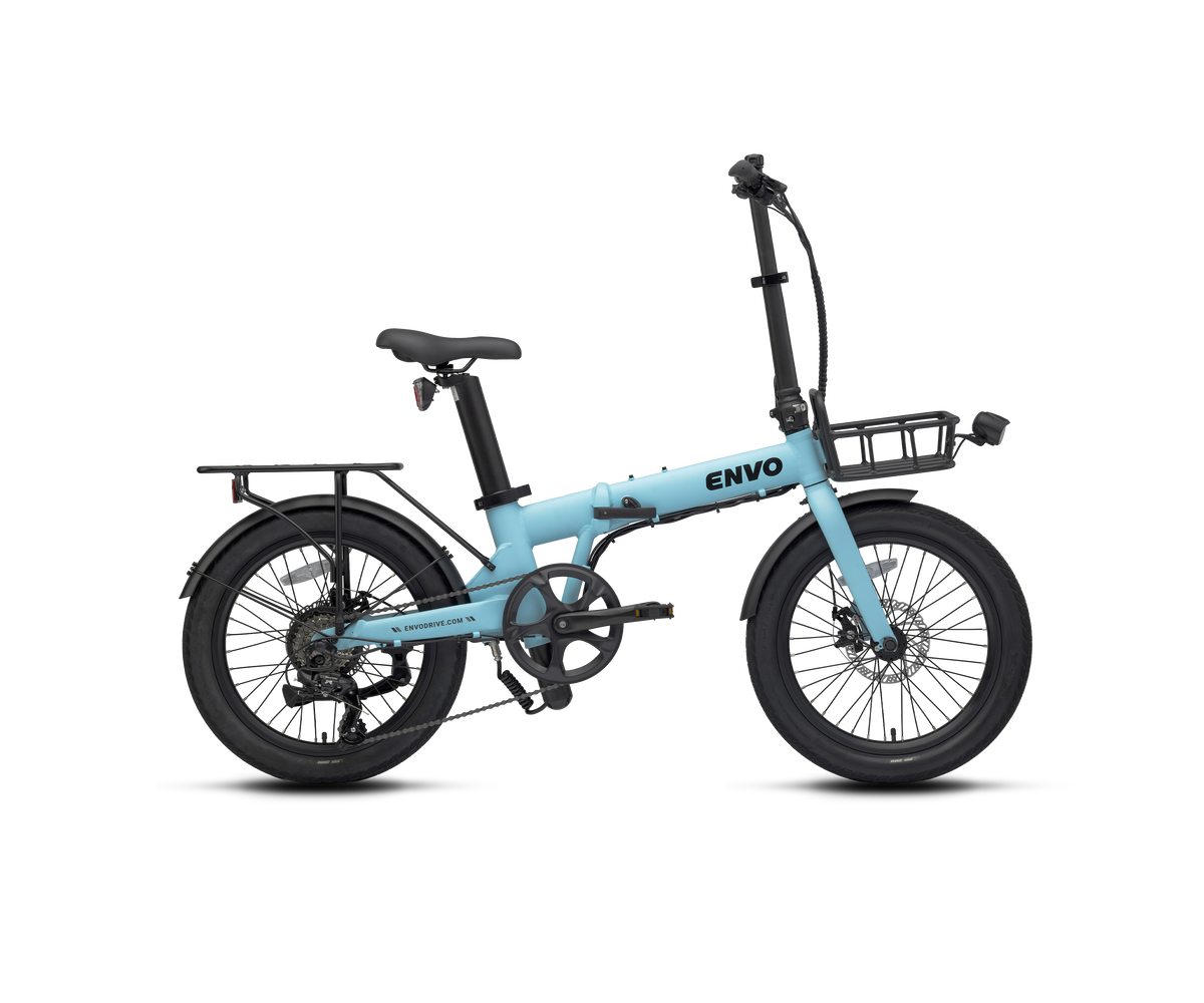 Red ENVO Lynx 20 folding electric bike shown with the frame folded.