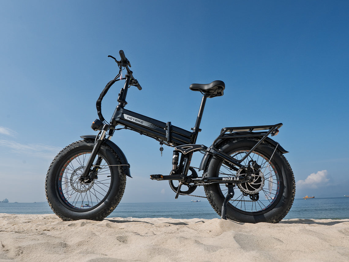 Heybike Mars 3.0 3.0-generation folding fat-tire e-bike: 750W (1400W peak) hub motor with 95 Nm torque, torque sensor PAS, 624Wh battery, 20x4 fat tires, hydraulic disc brakes, Horst Link rear suspension, NFC Tap and Go, integrated turn signals, Shimano Altus 8-speed, UL 2849