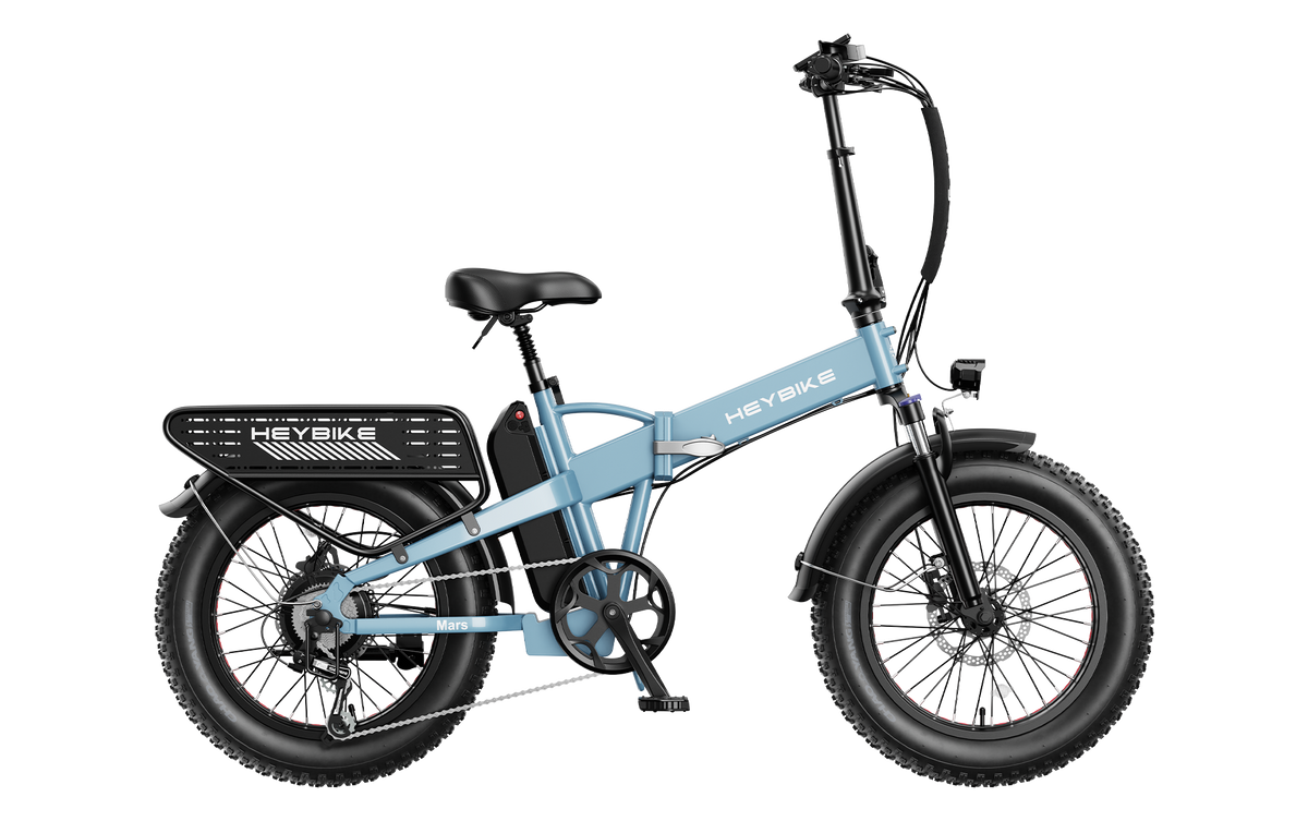 Heybike Mars 2.0 folding fat-tire commuter e-bike with 20 by 4 inch fat tires, 750W or 1000W rear hub motor, 600Wh removable battery, spring fork, 7-speed Shimano, rear rack, UL 2849 certified, four-color option matrix