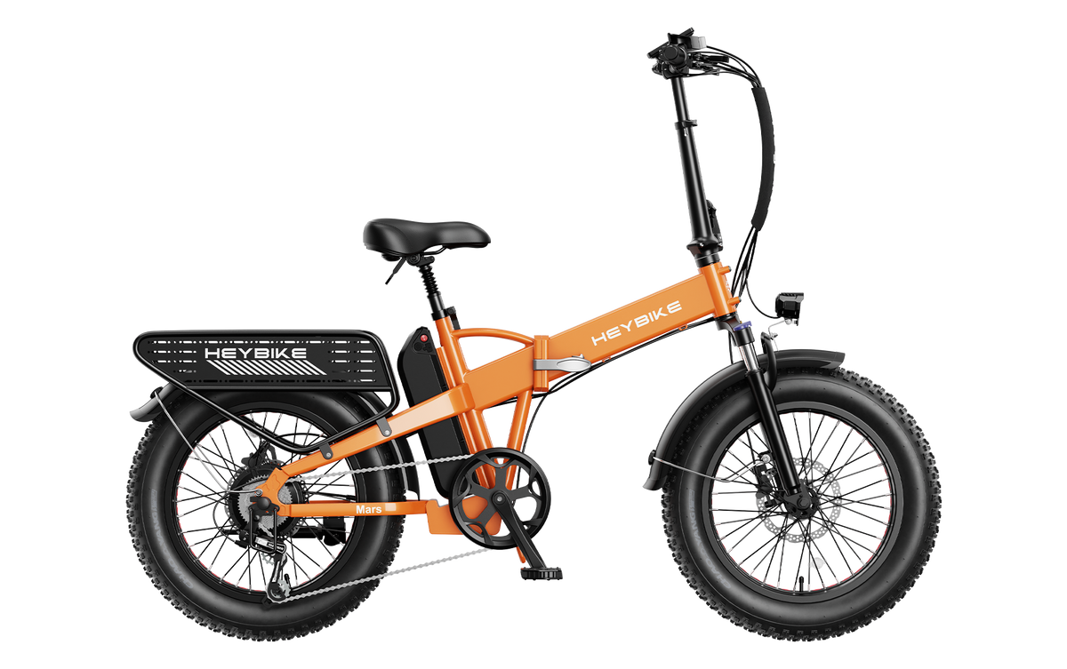 Heybike Mars 2.0 folding fat-tire commuter e-bike with 20 by 4 inch fat tires, 750W or 1000W rear hub motor, 600Wh removable battery, spring fork, 7-speed Shimano, rear rack, UL 2849 certified, four-color option matrix