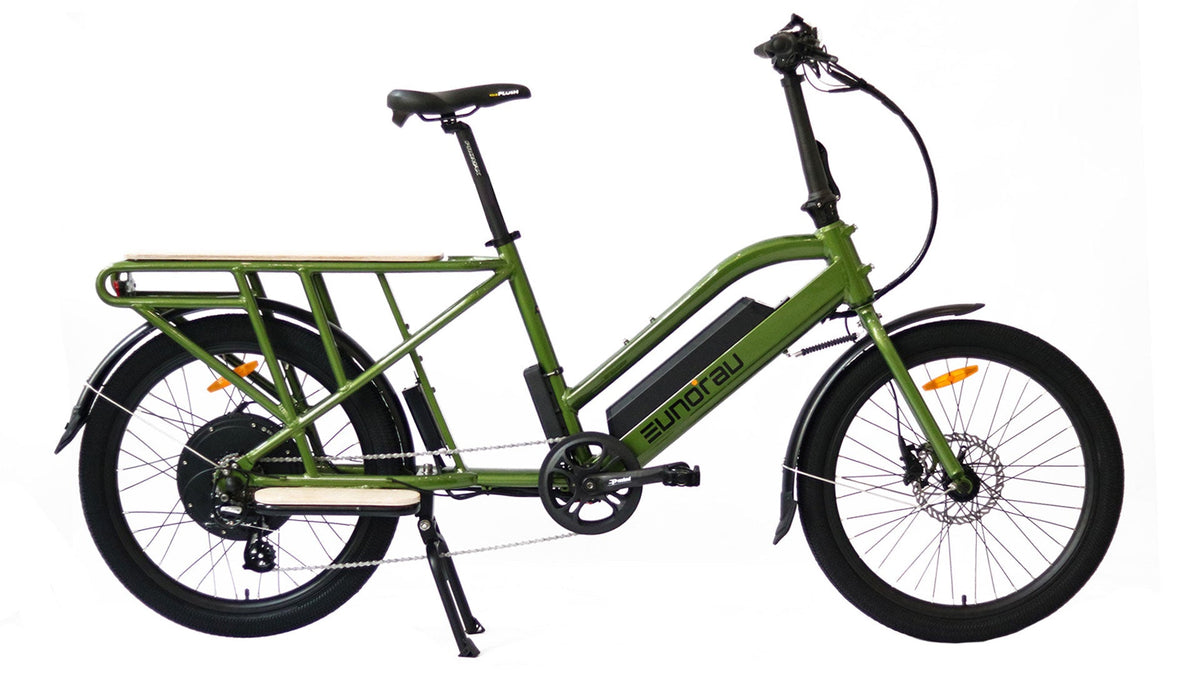 Green EUNORAU MAX-CARGO 2.0 electric cargo bike, left-side studio profile