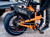 Heybike Mars 2.0 folding fat-tire commuter e-bike with 20 by 4 inch fat tires, 750W or 1000W rear hub motor, 600Wh removable battery, spring fork, 7-speed Shimano, rear rack, UL 2849 certified, four-color option matrix